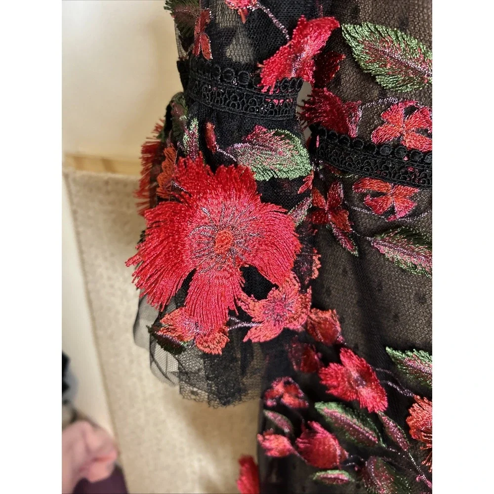 Marchesa‎ Notte Red Embroidered Tea Length Fit Flare Flower Dress Sz 6 NWT